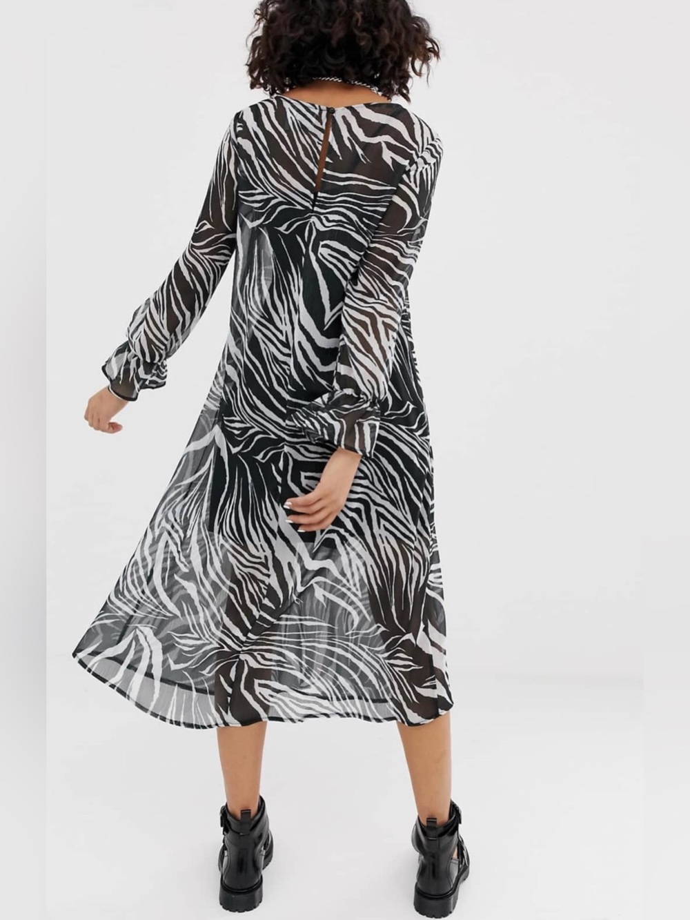 Black & White Zebra Print Sheer Long Sleeve Dress - Picture 4 of 10